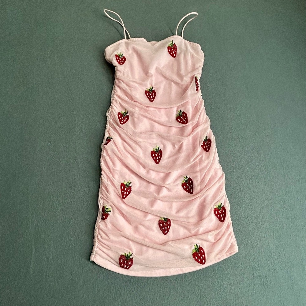 rue21 Dress Womens Small Pink Strawberry Embroidered Ruched Mesh Mini Bodycon